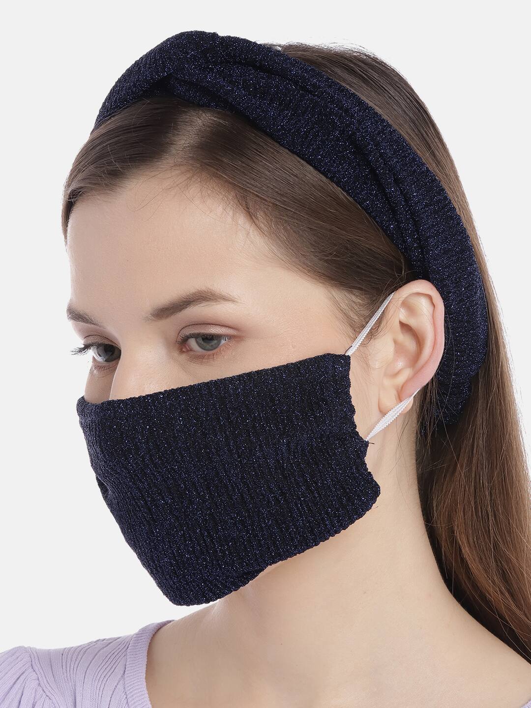 Blueberry glimmer navy blue knot hairband with reusable mask combo